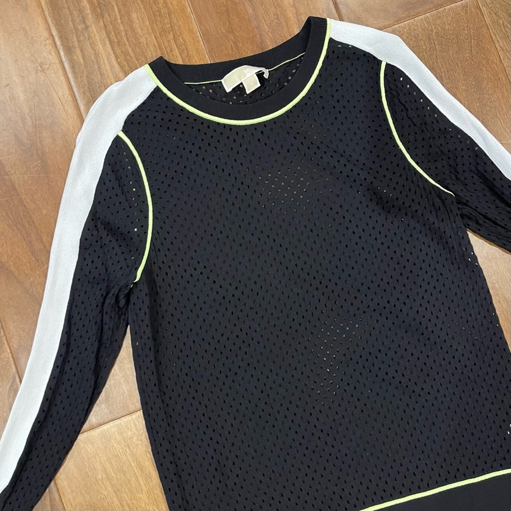 Michael Kors Black White Laser Cut Top with Neon Yellow Accents Size Small